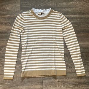 J. Crew Women’s Tan and White Stripe Ruffle Neck Sweater in Size XXS